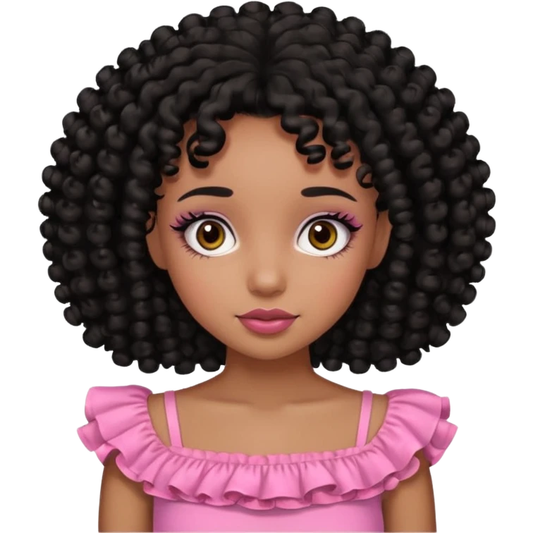 Black girl with black curly hair and a pink ruffle top and brown eyes with pretty eyelashes emoji