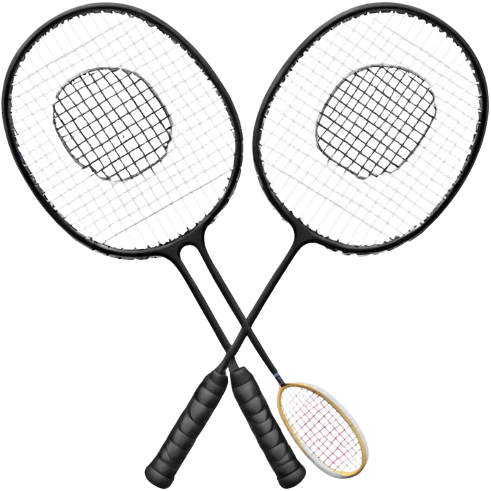 Two crossed badminton rackets with a shuttlecock resting in between, set against the faint outline of a badminton court. The image highlights the tools of the sport, with a subtle emphasis on the court's net and boundaries, symbolizing competition and skill. emoji