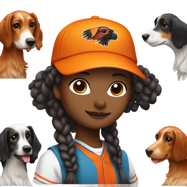 Brunette girl with braided pigtails in a bright orange baseball hat with a phesant on it with a tricolor English setter with a half black face emoji