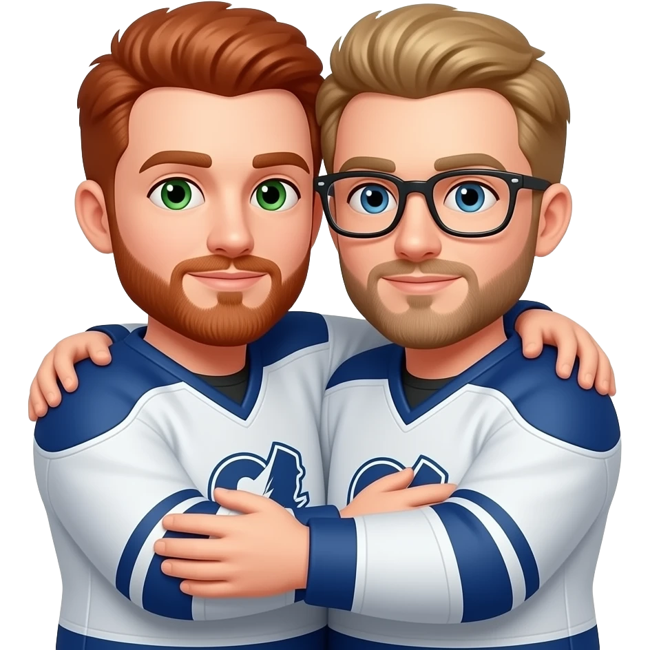 man with short red hair and green eyes, short beard hugging his partner who has blond hair and short beard, more oval shape head and wears glasses, both wearing hockey jerseys emoji