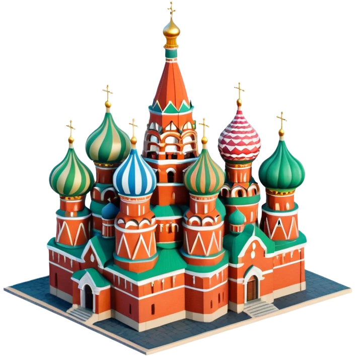 Isometric illustration of Moscow, featuring photorealistic Saint Basil's Cathedral with colorful onion domes, hand-drawn painterly details, subtle texture on bricks and roofs, realistic shadows and soft lighting, muted yet vivid color palette, diorama miniature effect. emoji
