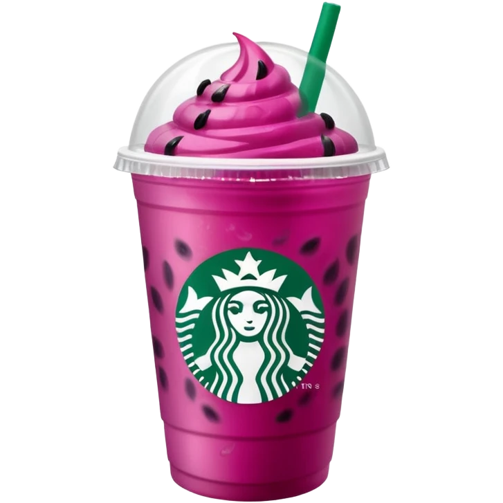 Starbucks dark pink dragonfruit refresher. white opaque lid. starbucks logo. emoji