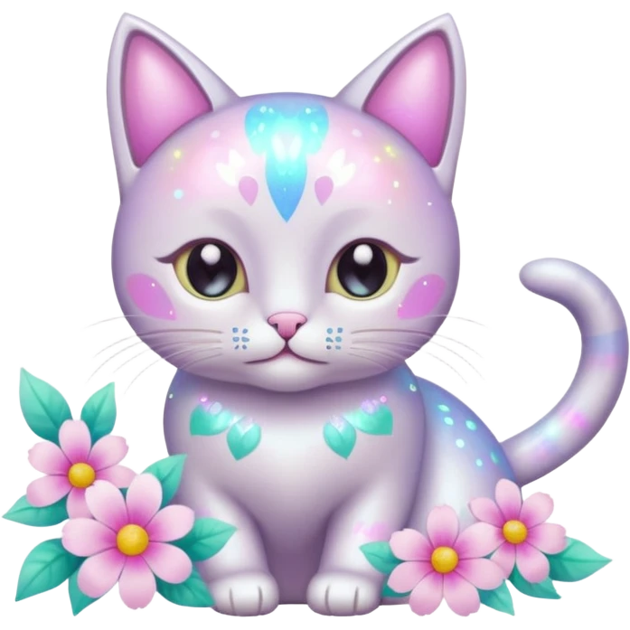 Pastel iridescent shiny glossy glittery cat with flowers and pastel colors aesthetic emoji