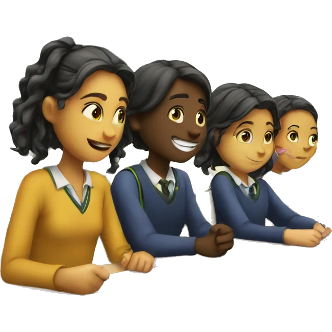 3 students at school desks. they are chatting emoji