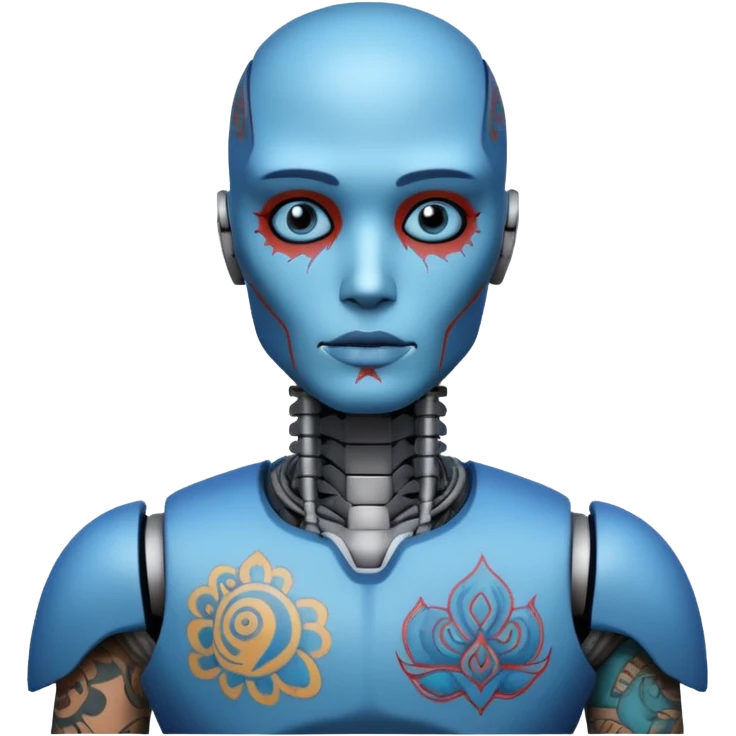 blue Tatooed robot, big many tatooes on chest, neck and face, tatoo on face emoji