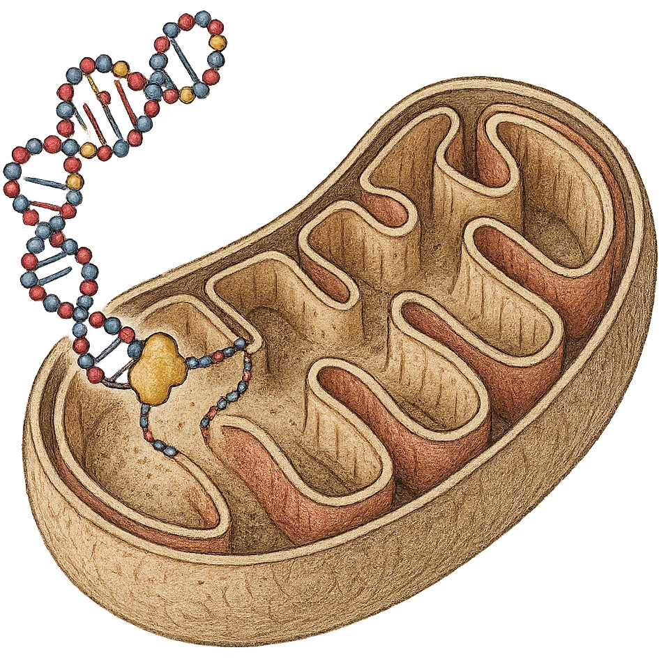 biogenesi mitocondriale, step 3: replicazione del DNA mitocondriale e formazione delle creste interne, hyperrealistic detailed colored drawing on white textured paper, isolated on white background, visible molecular details emoji