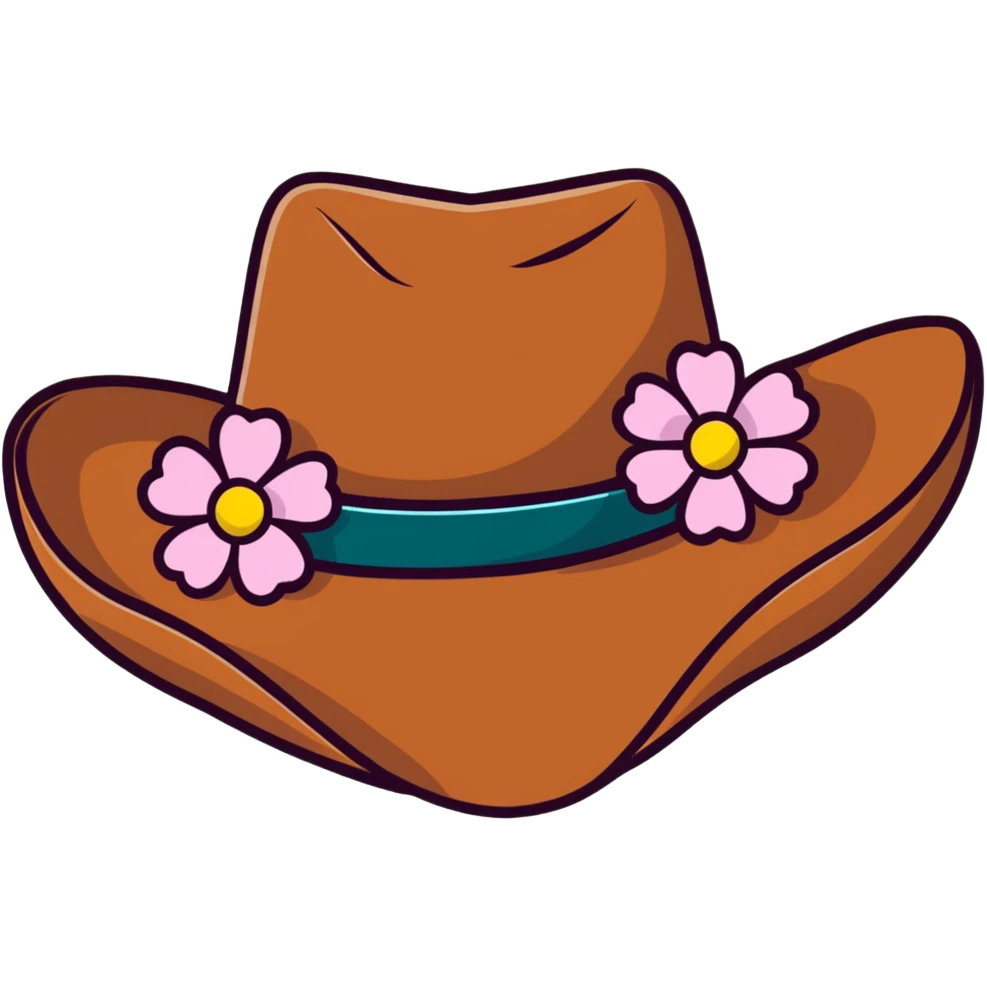 Cowgirl hat with flowers, pink and white flowers decorating a brown cowboy hat emoji