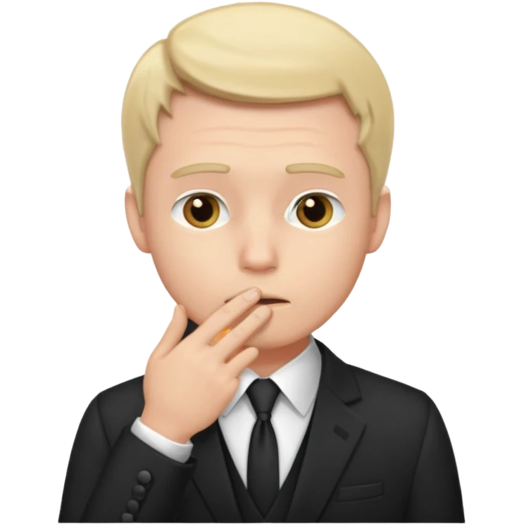 white man in formal suit thinking hard, hand to mouth emoji