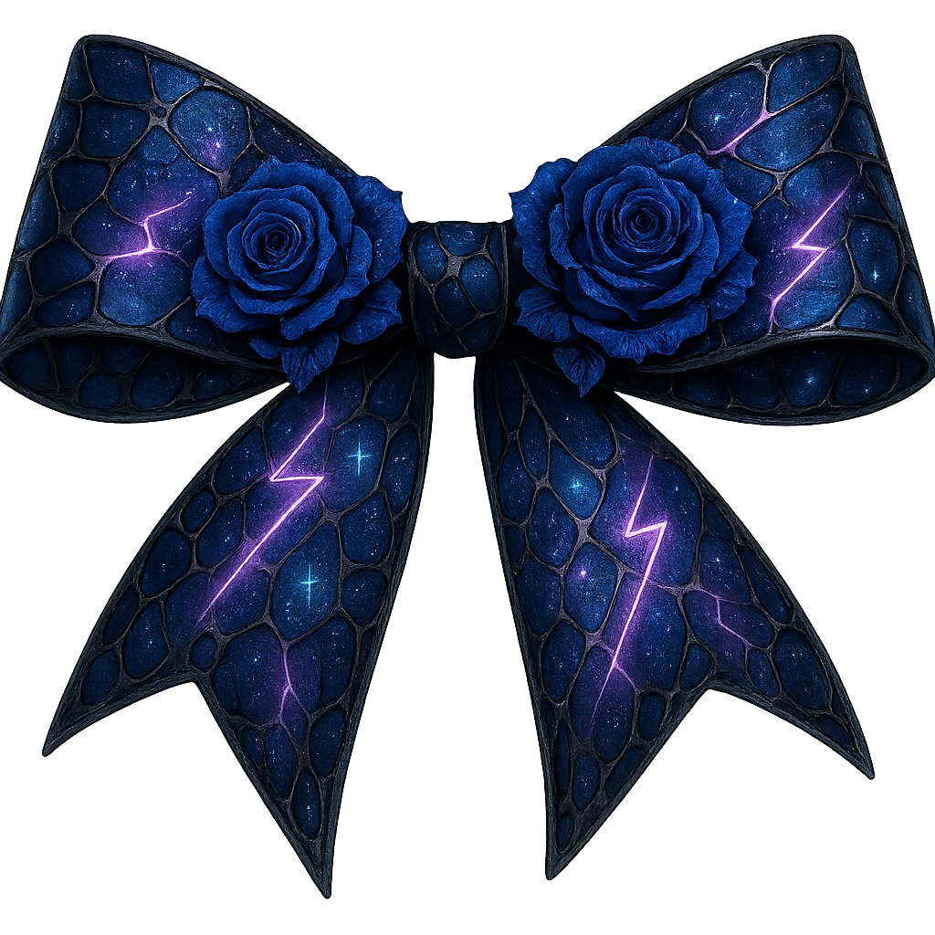 Remove the silver crescent moon from the gothic bow with fractured deep blue glass, midnight blue roses, iridescent holographic stardust, neon lightning bolts, and a wet, shiny finish. Keep the background transparent. emoji