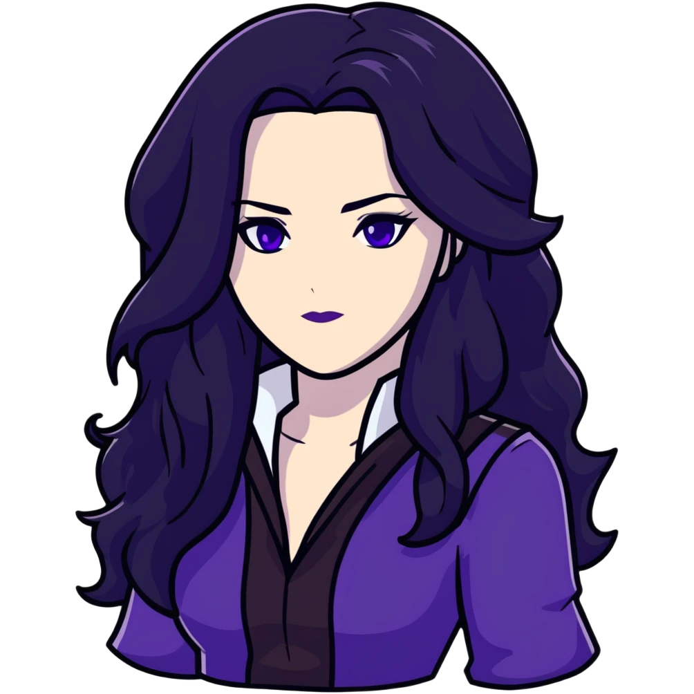 Yennefer from Witcher with long black hair, violet eyes, pale skin, wearing black clothes emoji