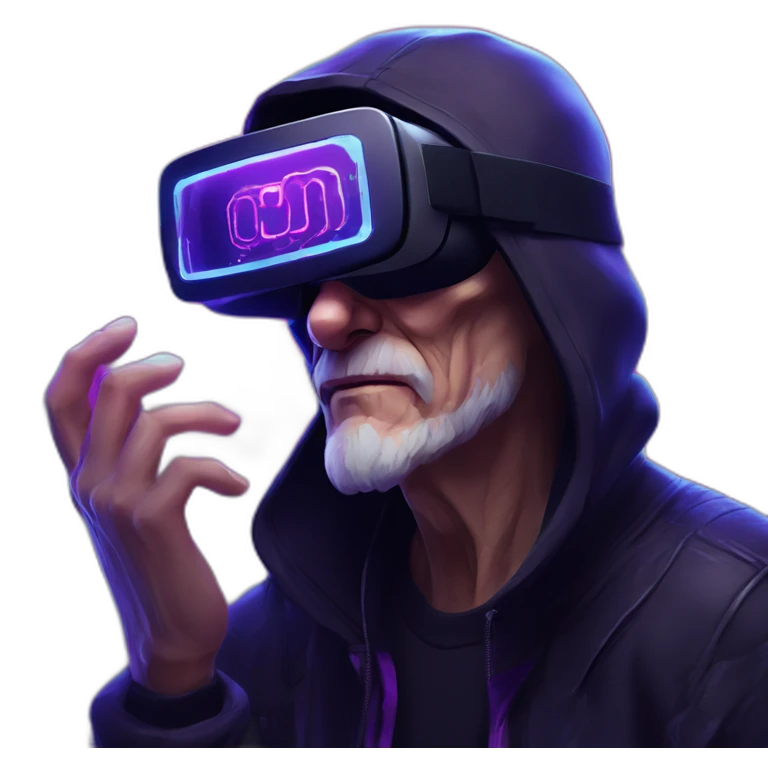 Russian old man wearing a black hoodie with "OMG" letters on it and VR headset in a cyberpunk VR environment with violet neon lighting. emoji