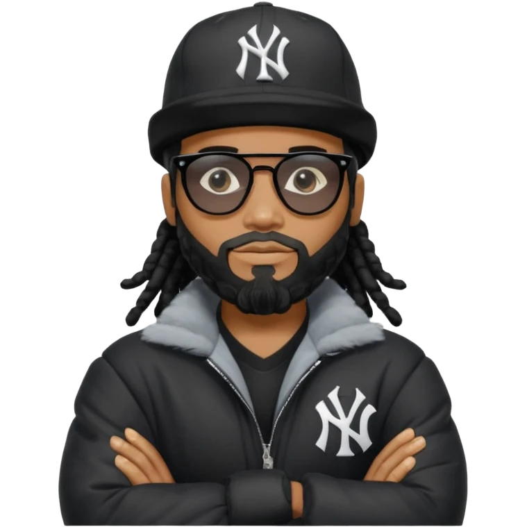 African American man with shoulder length black dreadlocks with black beard wearing black sunglasses wearing a black bubble winter coat wearing a New York Yankees baseball hat with arms folded emoji