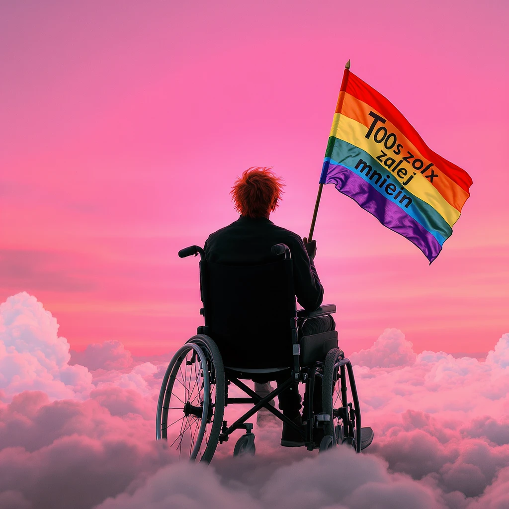 Black man with red hair sitting on wheelchair holding lgbt flag holding text "T0ssox zalej mnie" pink clouds around, pink sky with pink back light emoji