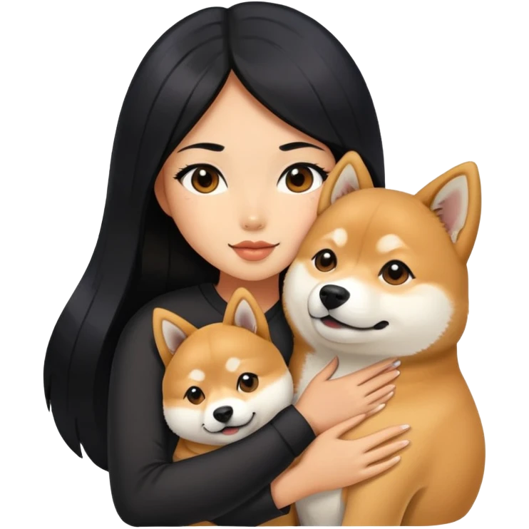 A beautiful girl with long black hair hugs a Shiba Lnu dog emoji