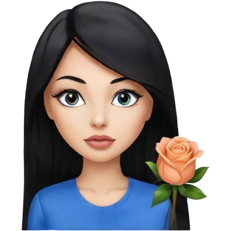 Glamours, tanned, very beautiful girl, with big pump peach-beige-rose lips, eyeliner, long lashes, black straight smooth silky long hair, straight parting hair, blue-grey eyes in black clothes for working profile emoji
