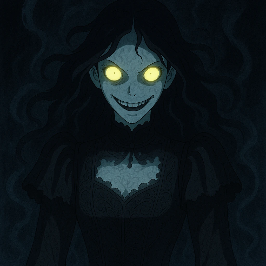 Make the beautiful scary girl much scarier by adding disturbing supernatural features and intensifying the horror while keeping her haunting beauty in a gothic horror style. emoji
