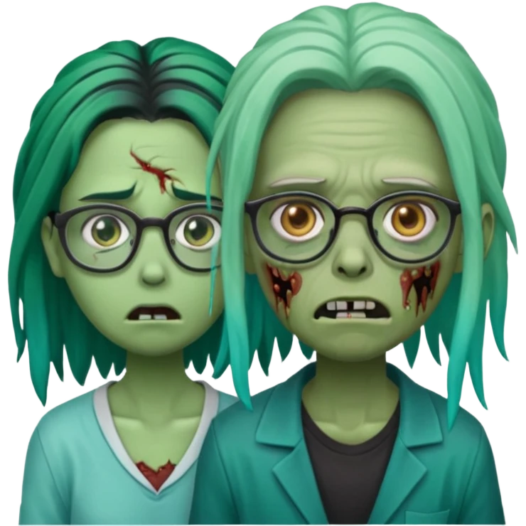 green-skinned, zombie with glasses, a girl with ombre black & teal long dreadlocks and a worried expression with a small wound near its mouth. emoji