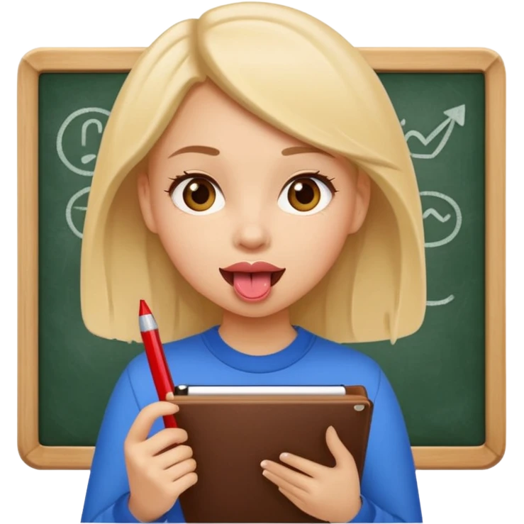girl taking notes in board, smart tongue out emoji