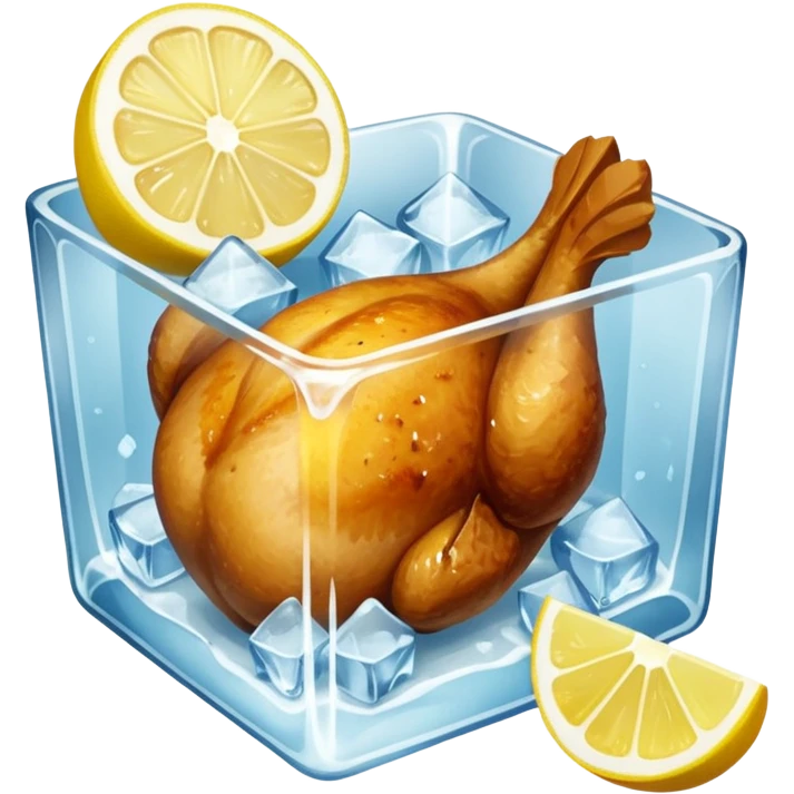 a baked chicken dish with lemon wedges in a large ice cube emoji