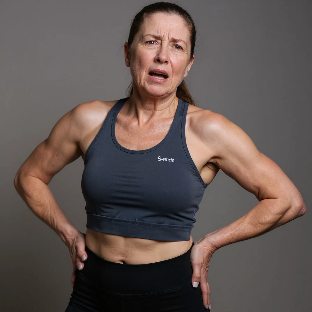 Realistic style image of a woman in sportswear inspired by the reference photo, showing pain in the upper back, with one hand on the dorsal area and a pained expression, neutral background. emoji