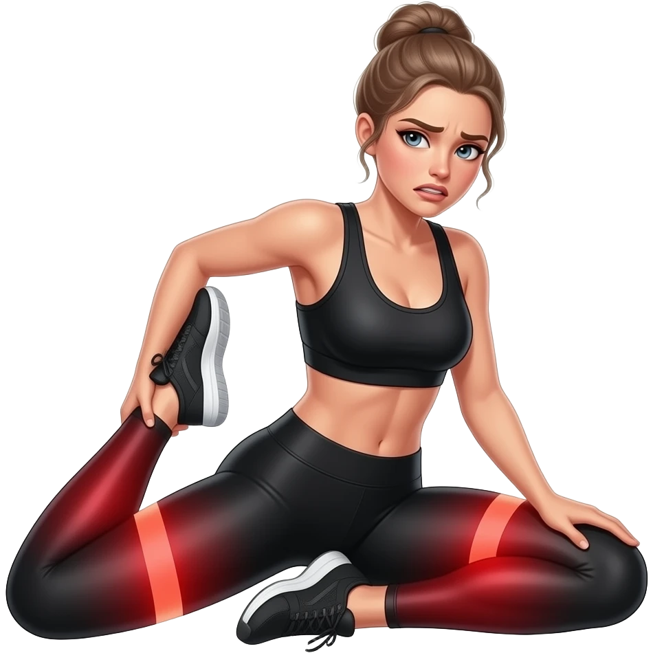 all leg pain, red glow on all thighs and all legs, woman holding one leg, fair-skinned woman, gray-blue eyes, ash brown brows, ash light brown hair tied back, slim athletic body, black workout set emoji