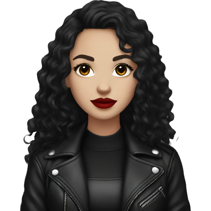 White girl, with long curly black hair, with red lipstick, black winged eyeliner, wearing black shirt and black leather jacket emoji