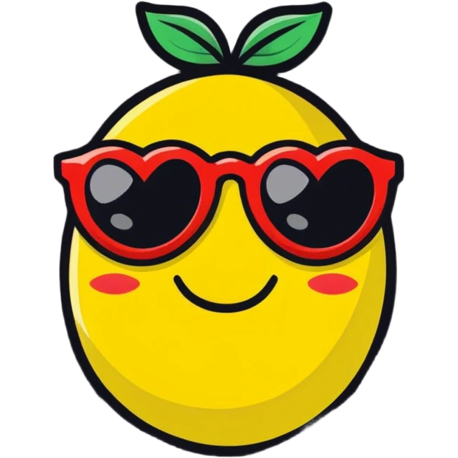 A lemon wearing red heart sunglass frame with black lenses with a cute smile  emoji