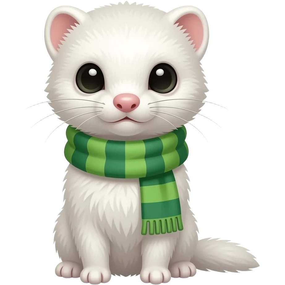 white ferret, soft fur, wearing green striped scarf, cute but slightly sly expression, centered, 3D glossy emoji style, clean background emoji