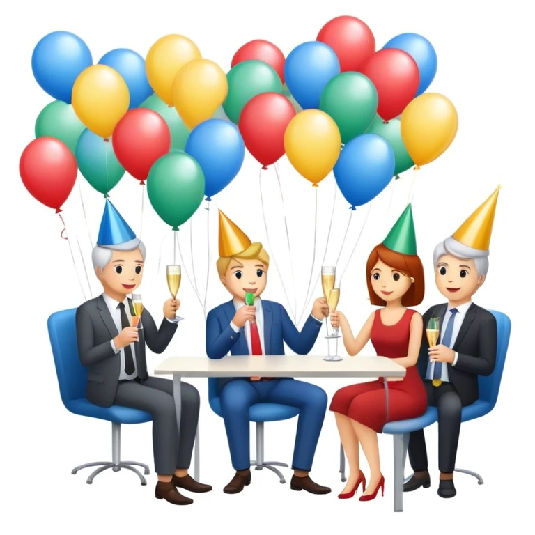 office party with coworkers celebrating, holding drinks and snacks, decorations and balloons in the background emoji