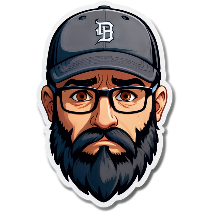 A man with a grey baseball cap, hazel eyes, big dark brown beard and glasses, crying emoji