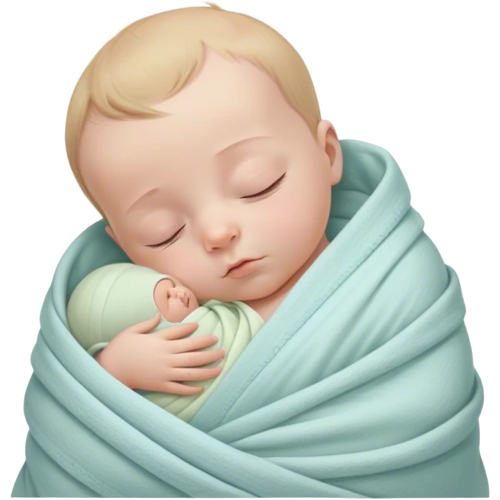 A tiny newborn baby wrapped snugly in a soft, pastel-colored swaddle blanket, peacefully sleeping with a serene expression. The baby’s small hands are tucked close to the chest, surrounded by a cozy, calm atmosphere in a warm nursery emoji