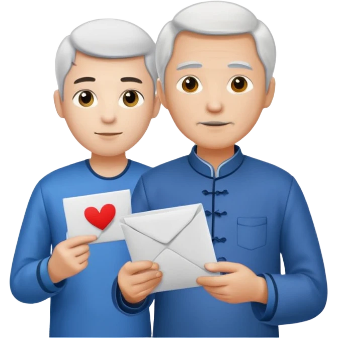 a young student with morden T-shirt handing letter to a old man official with chinese tunic suit emoji