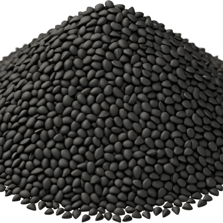 small scattered heap of tiny matte black seeds with irregular triangular shapes and slightly rough texture, loose organic pile with a few seeds dispersed around the base, no bowl or extras, apple emoji style, soft lighting, subtle shadows, transparent background, emoji scale emoji