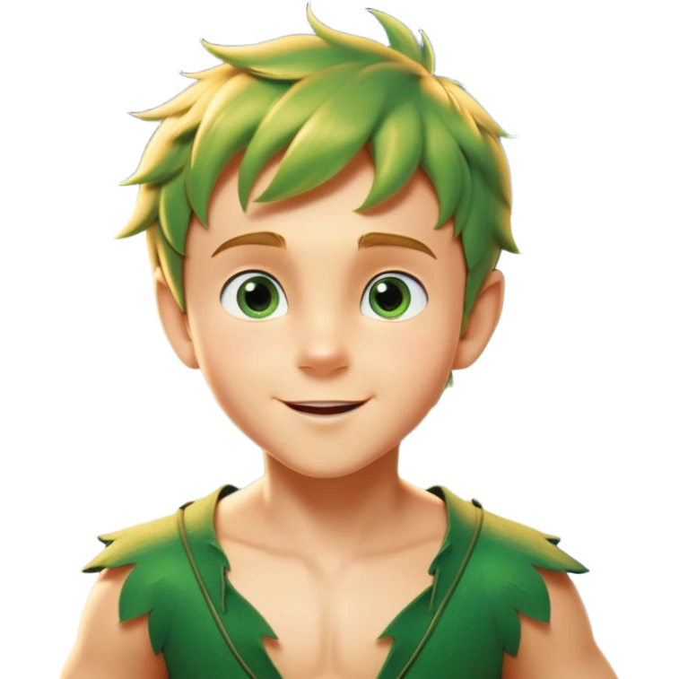 cinematic-realistic-peter-pan-portrait, head tilted dramatically with an exaggeratedly amused expression and sparkling eyes brimming with playful mischief, his iconic outfit rendered in vivid detail with dynamic shadows, soaring through the air. Next to him is a glowing Tinker Bell, whose delicate wings leave a trail of shimmering pixie dust across a whimsical sky. emoji