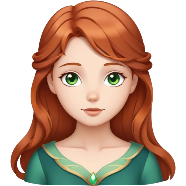Cinematic Serene Sleeping Beauty Portrait Emoji, rendered in a simplified vector style. Depict a gentle Aurora (chest and above) with fair, glowing skin and softly cascading auburn hair, her expression calm and reflective, dressed in her timeless attire. The image exudes a soft, warm radiance with high shine and a subtle glowing outline. emoji