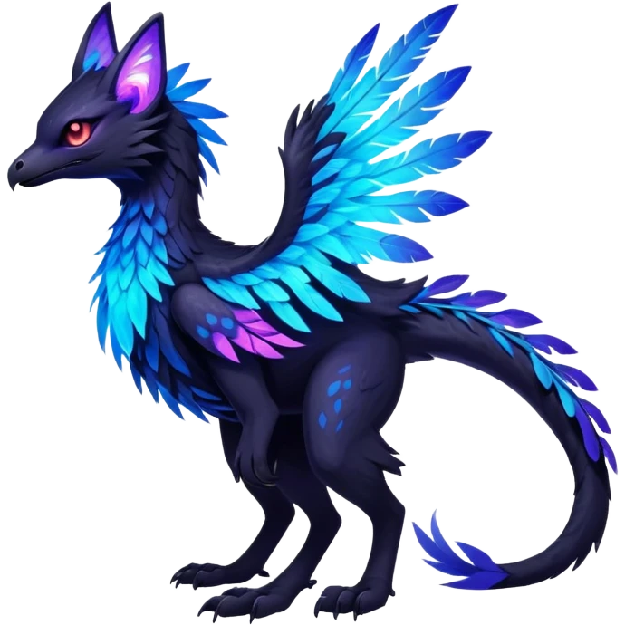 Black Dark Exotic Beaked Feathery Nocturnal Neon-glowing Abyssal Nightly Abyss-Cat-Gryphon-Salandit-Silvally-Fakémon Creature (full body) emoji