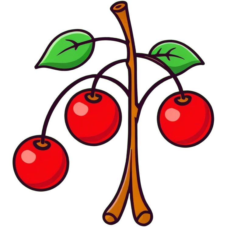 Bunch of three red cherries with stems and green leaves emoji