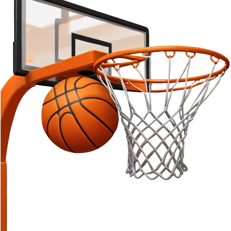 A close-up shot of a basketball entering the hoop, with the ball swishing through the net. The background features a blurred basketball court, emphasizing the perfect shot and the excitement of the game. emoji
