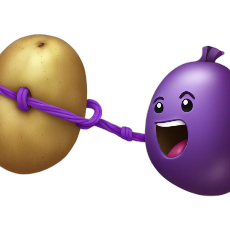 Potato and purple brinjal playing tug of war emoji