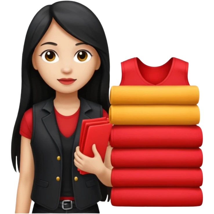 Girl with long light black straight hair and black vest and red stack of clothes on hands   emoji