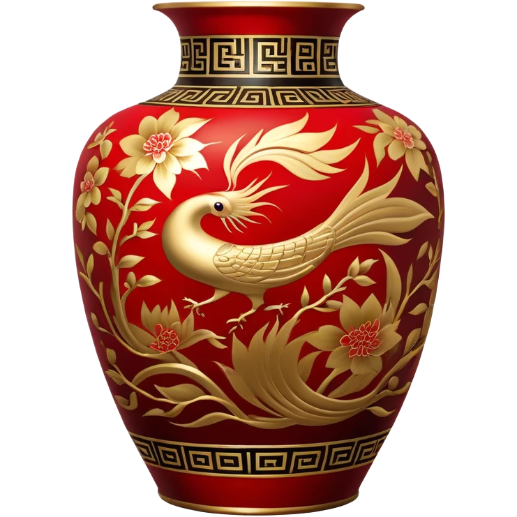 Chinese metal painting icon, intricate hand-painted Chinese patterns on metal vase, vibrant colors like red, gold, and black, delicate brushstrokes, visible fine paintbrush and metal surface, painting process, minimalistic style, clean lines, transparent background. emoji