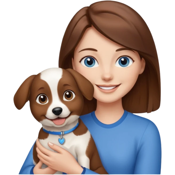 Blue eyes brown haired woman holding a brown and white dog emoji