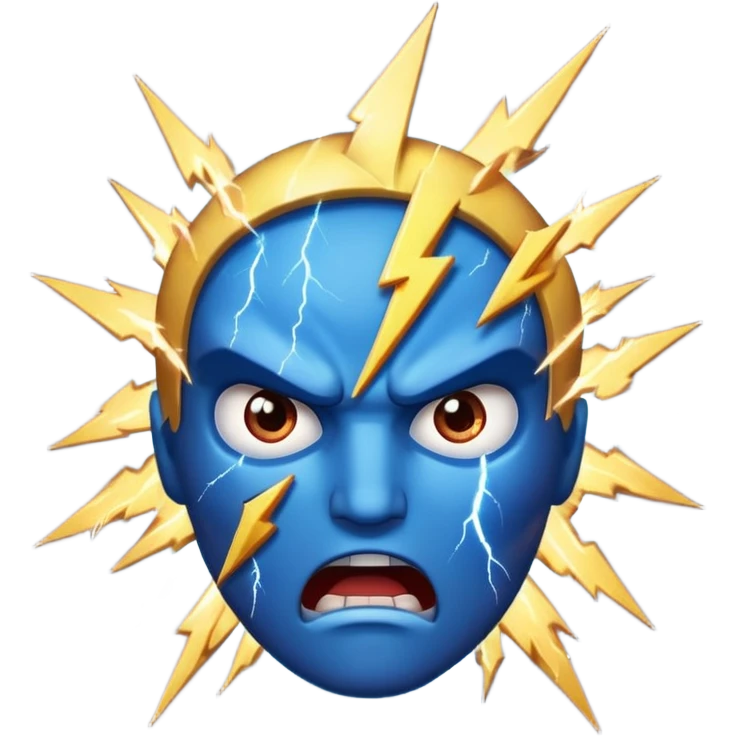 Rayos, centellas y estrellas en una cara color azul con expresiones de furia emoji
