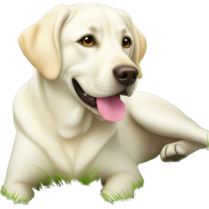 white labrador is laying on grass emoji