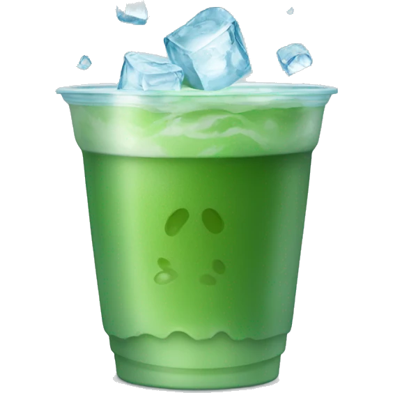 A plastic cup filled with green matcha, ice cubes floating inside, and light condensation on the outside. emoji