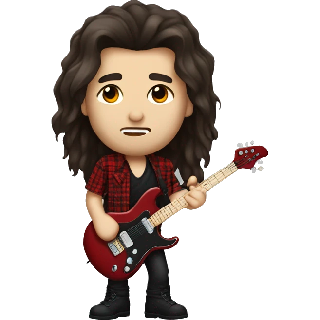 Metalhead guy with dark brown hair wearing red plaid shirt emoji