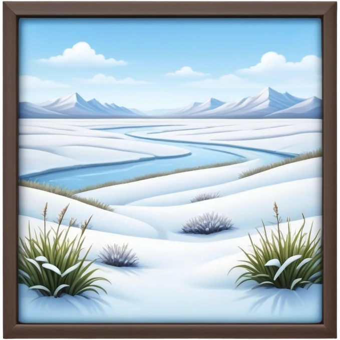 Cinematic Realistic Tundra Emoji in a wooden frame, Vast and cold, with wide expanses of snow-covered ground, sparse grasses poking through, and the occasional hardy shrub breaking up the pale white landscape. The sky above is a pale, frosty blue, and the light reflects off the snow, creating a serene yet starkly beautiful environment. Soft glowing outline, capturing the essence of a quiet, still, frozen wilderness where life endures despite the harsh conditions. emoji