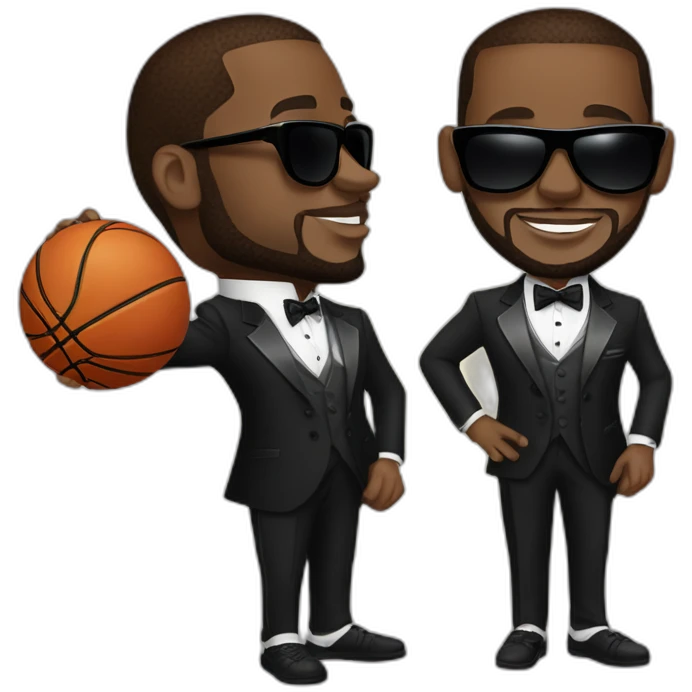 lebron james in a fancy tuxedo suit with sunglasses holding a basketball emoji