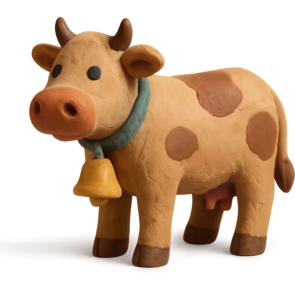 claymation style cattle with a bell around its neck, matte finish, no background emoji