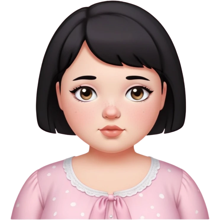 black short haired chubby girl with black eyes and fair skin with freckles in a light pink coquette blouse emoji